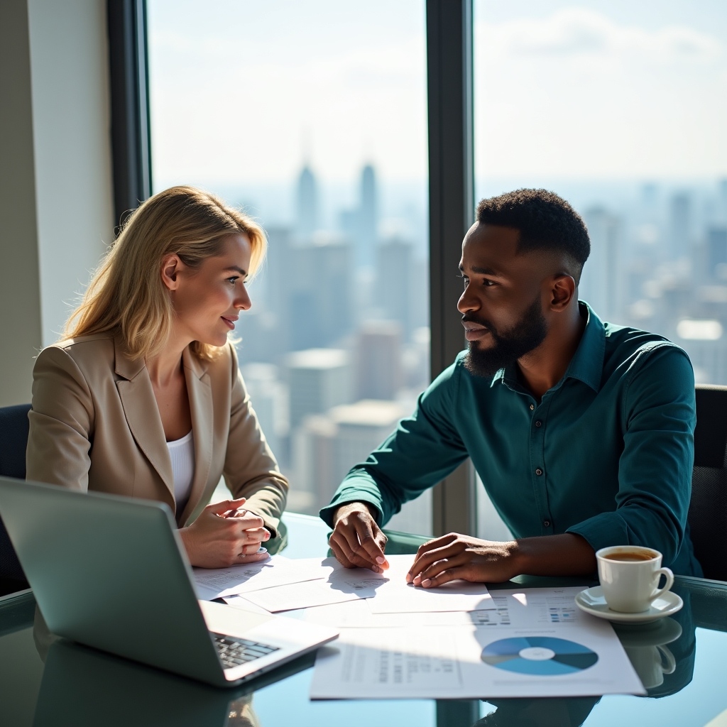 Two business professionals in their late thirties in focused consultation at a bright corner office, reviewing brand positioning documents, confident engaged expressions, premium city backdrop