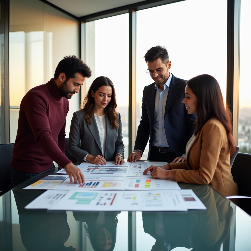 Small brand team of four professionals reviewing media strategy documents around a glass conference table with city views