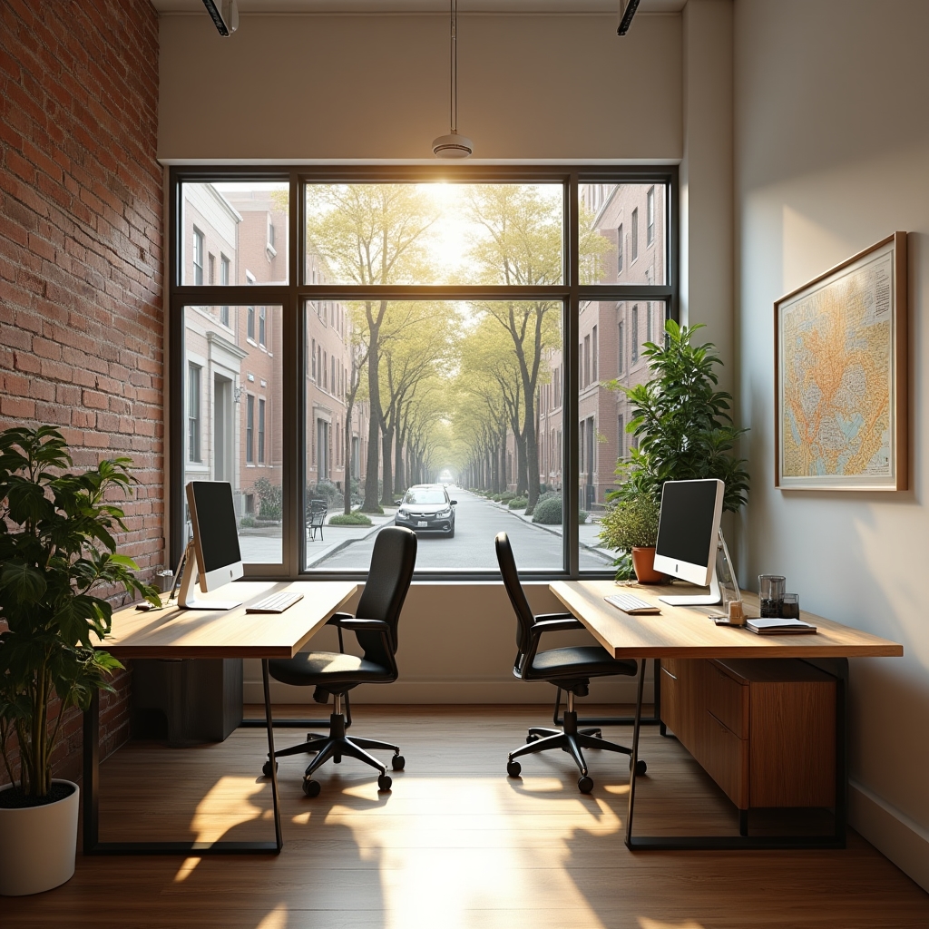 Clean modern consultancy office interior in Philadelphia with natural light, organized work surfaces, plants, and city neighborhood views through large windows, warm afternoon light